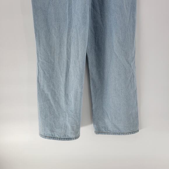 Polagram Overalls Button Up Denim Jumpsuit Womens L Blue Light Wash Ruffle Strap - Picture 7 of 16